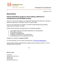 Homeward Trust Edmonton December 3, 2012 Media Release Award nominations sought for those making a difference in homelessness and affordable housing