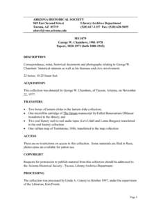 ARIZONA HISTORICAL SOCIETY 949 East Second Street Library/Archives Department Tucson, AZ[removed]1157 Fax: ([removed]removed]