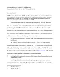 SECURITIES AND EXCHANGE COMMISSION (Release No[removed]; File No. SR-NYSEArca[removed]December 30, 2014 Self-Regulatory Organizations; NYSE Arca, Inc.; Notice of Filing and Immediate Effectiveness of Proposed Rule Cha