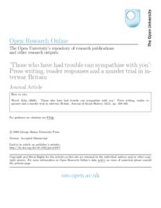 Open Research Online The Open University’s repository of research publications and other research outputs ’Those who have had trouble can sympathise with you’: Press writing, reader responses and a murder trial in 