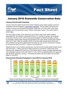 January 2016 Statewide Conservation Data January Conservation Summary January marks the eighth month that the state’s 400-plus urban water suppliers must be in compliance with the emergency conservation standards. This