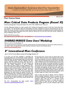 February[removed]Mars Science News Mars Critical Data Products Program (Round XI) Initial Landing Site Characterization for the Mars 2020 Rover Mission