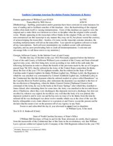 Southern Campaign American Revolution Pension Statements & Rosters Pension application of William Lyon S31829 fn17NC Transcribed by Will Graves[removed]Methodology: Spelling, punctuation and/or grammar have been correct