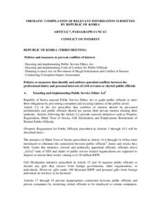 THEMATIC COMPILATION OF RELEVANT INFORMATION SUBMITTED BY REPUBLIC OF KOREA ARTICLE 7, PARAGRAPH 4 UNCAC CONFLICT OF INTEREST  REPUBLIC OF KOREA (THIRD MEETING)