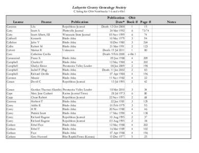 Lafayette County Genealogy Society C listing for Obit Notebooks 1-6 and e-file1 Lname  Fname