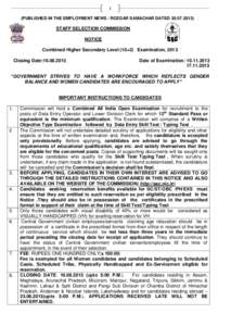 1 (PUBLISHED IN THE EMPLOYMENT NEWS / ROZGAR SAMACHAR DATED[removed]STAFF SELECTION COMMISSION NOTICE Combined Higher Secondary Level (10+2) Examination, 2013