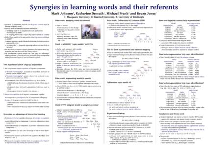 Synergies in learning words and their referents Mark Johnson , Katherine Demuth , Michael Frank and Bevan Jones 1 1