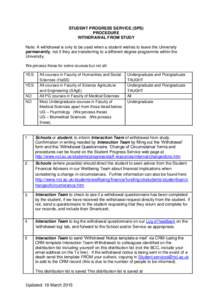 STUDENT PROGRESS SERVICE (SPS) PROCEDURE WITHDRAWAL FROM STUDY Note: A withdrawal is only to be used when a student wishes to leave the University permanently, not if they are transferring to a different degree programme