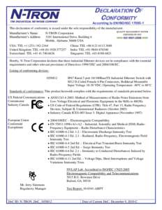 DECLARATION OF CONFORMITY According to EN/ISO/IEC[removed]This declaration of conformity is issued under the sole responsibility of the manufacturer. Manufacturer’s Name: