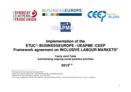 Implementation of the ETUC1/ BUSINESSEUROPE / UEAPME /CEEP Framework agreement on INCLUSIVE LABOUR MARKETS2 Yearly Joint Table summarising ongoing social partners activities