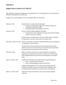 Appendix: E Budget Process Timeline For FY[removed]The submission of proposed realignments and preliminary Level A budget plans to meet reductions by Division, and preliminary Auxiliary and Campus trust account budgets a