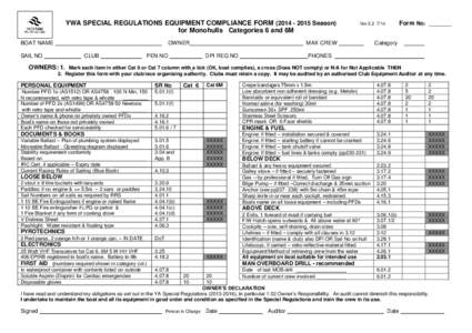 YWA SPECIAL REGULATIONS EQUIPMENT COMPLIANCE FORMSeason) for Monohulls Categories 6 and 6M BOAT NAME OWNER