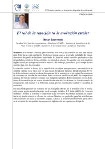 58ª Reunión Anual de la Asociación Argentina de Astronomía  Charla invitada El rol de la rotación en la evolución estelar Omar Benvenuto