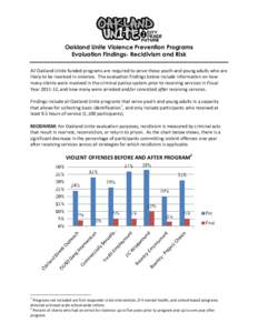Oakland Unite Violence Prevention Programs Evaluation Findings- Recidivism and Risk All Oakland Unite funded programs are required to serve those youth and young adults who are likely to be involved in violence. The eval