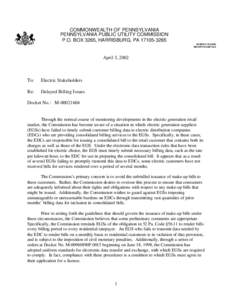 COMMONWEALTH OF PENNSYLVANIA PENNSYLVANIA PUBLIC UTILITY COMMISSION P.O. BOX 3265, HARRISBURG, PA[removed]IN REPLY PLEASE REFER TO OUR FILE