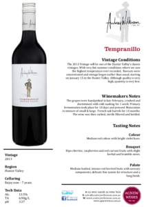 Tempranillo Vintage Conditions The 2013 Vintage will be one of the Hunter Valley’s classic vintages. With very hot summer conditions where we saw the highest temperature ever recorded, flavours were concentrated and vi