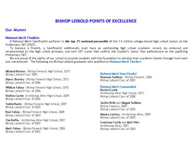 BISHOP LEIBOLD POINTS OF EXCELLENCE Our Alumni National Merit Finalists A National Merit Semifinalist performs in the top 1% national percentile of the 1.5 million college-bound high school juniors on the Preliminary SAT