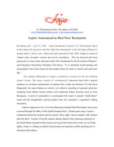 Hotel Providence - Aspire Announced As Best New Restaurant