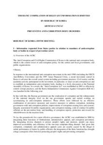 THEMATIC COMPILATION OF RELEVANT INFORMATION SUBMITTED BY REBUBLIC OF KOREA ARTICLE 6 UNCAC PREVENTIVE ANTI-CORRUPTION BODY OR BODIES  REBUBLIC OF KOREA (FIFTH MEETING)