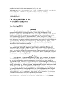 Published in The Journal of Mental health Administration 21(4): [removed], 1994. Editor’s Note: The reader is forewarned that, to provide a realistic account of Anna’s experience and her attempts to communicate it to o