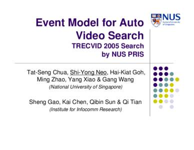 Event Model for Auto Video Search TRECVID 2005 Search by NUS PRIS Tat-Seng Chua, Shi-Yong Neo, Hai-Kiat Goh, Ming Zhao, Yang Xiao & Gang Wang