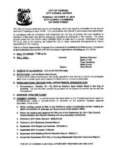 CITY OF CORNING CITY COUNCIL AGENDA TUESDAY, OCTOBER 14, 2014 CITY COUNCIL CHAMBERS 794 THIRD STREET