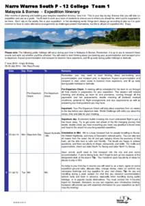 Narre Warren South P - 12 College Team 1 Malaysia & Borneo - Expedition Itinerary After months of planning and building your bespoke expedition itinerary, here it is! This is your day-by-day itinerary that you will take 