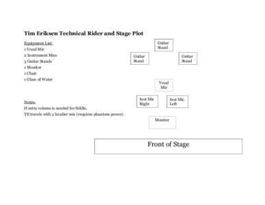 Tim Eriksen Technical Rider and Stage Plot Equipment List: 1 Vocal Mic 2 Instrument Mics 3 Guitar Stands 1 Monitor