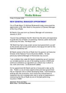 Microsoft Word - NEW CITY OF RYDE GENERAL MANAGER APPOINTMENT.doc