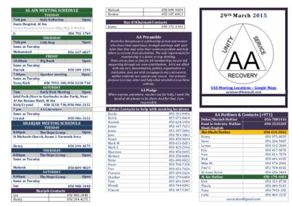 AL AIN MEETING SCHEDULE TUESDAY 7ish pm Open Daily Reflection Oasis Hospital, Al Ain