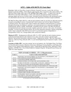 AFTC – Eglin AFB (96TW) FL Facts Sheet Overview: Eglin Air Force Base, located in Florida’s Emerald Coast area, is part of the Air Force Materiel Command (AFMC), which obligates approximately 70% of Air Force (AF) co