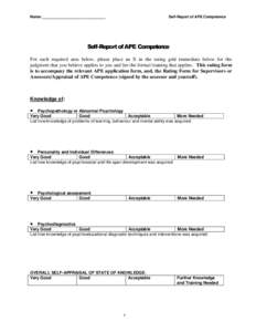 Name: ______________________________  Self-Report of APE Competence Self-Report of APE Competence For each required area below, please place an X in the rating grid immediate below for the