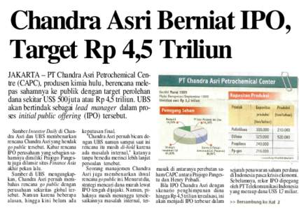 Chandra Asri Berniat IPO, Target Rp 4,5 Triliun JAKARTA -- PT Chandra Asri Petrochemical Centre (CAPC), produsen kimia hulu, berencana melepas sahamnya ke publik dengan target perolehan