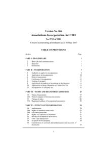 Version NoAssociations Incorporation Act 1981 Noof 1981 Version incorporating amendments as at 30 May 2007 TABLE OF PROVISIONS