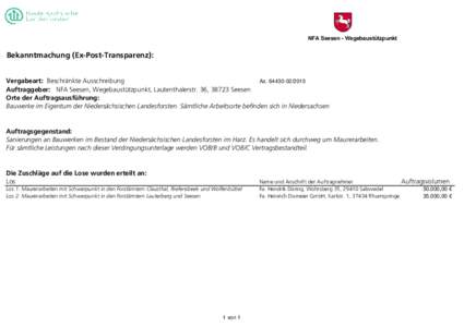 NFA Seesen - Wegebaustützpunkt  Bekanntmachung (Ex-Post-Transparenz): Vergabeart: Beschränkte Ausschreibung AzAuftraggeber: NFA Seesen, Wegebaustützpunkt, Lautenthalerstr. 36, 38723 Seesen