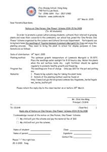 Chiu Sheung School, Hong Kong 79B Pok Fu Lam Road, Tel：Fax：Website：www.csshk.edu.hk 23rd March, 2015 Dear Parents/Guardians,