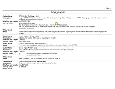 Page 1  BGM_BASIC EPA Handler ID (Primary Key) Unique RCRA identification number assigned by the implementing State or Region to each RCRA site (e.g., generators; transporters; and treatment, storage, disposal facilities