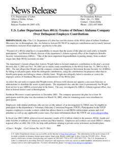 News Release U.S. Department of Labor Office of Public Affairs Atlanta, Ga. Release Number[removed]ATL