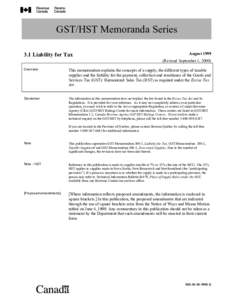 GST/HST Memoranda Series 3.1 Liability for Tax August[removed]Revised September 1, 2000)