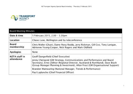 NZ Transport Agency Special Board meeting – Thursday 5 February 2015