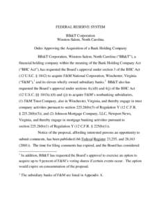 FEDERAL RESERVE SYSTEM BB&T Corporation Winston-Salem, North Carolina Order Approving the Acquisition of a Bank Holding Company BB&T Corporation, Winston-Salem, North Carolina (“BB&T”), a financial holding company wi