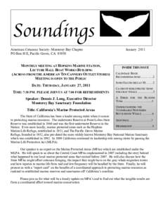 Soundings American Cetacean Society- Monterey Bay Chapter PO Box H E, Pacific Grove, CAMONTHLY MEETING AT HOPKINS MARINE STATION, LECTURE HALL BOAT WORKS BUILDING