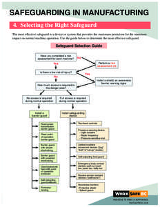 SAFEGUARDING IN MANUFACTURING 4. Selecting the Right Safeguard The most effective safeguard is a device or system that provides the maximum protection for the minimum impact on normal machine operation. Use the guide bel