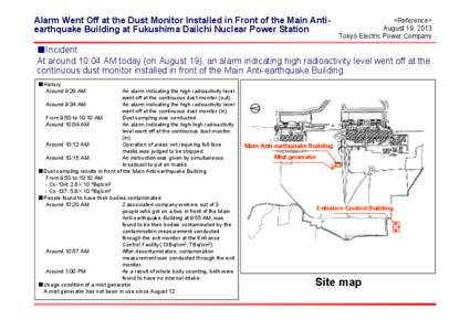 Alarm Went Off at the Dust Monitor Installed in Front of the Main Antiearthquake Building at Fukushima Daiichi Nuclear Power Station  <Reference> August 19, 2013 Tokyo Electric Power Company