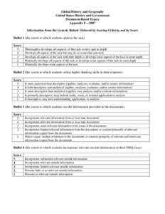 Global History and Geography United States History and Government Document-Based Essays Appendix F—2007 Information from the Generic Rubric Ordered by Scoring Criteria, not by Score Bullet 1 (the extent to which studen