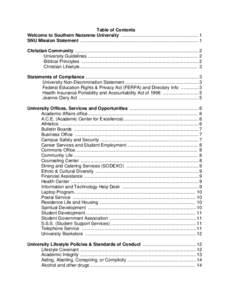 Table of Contents Welcome to Southern Nazarene University ............................................................. 1 SNU Mission Statement ............................................................................