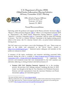 U.S. Department of Justice (DOJ) Global Justice Information Sharing Initiative Advisory Committee (GAC Meeting) – January 27, 2015: Formal Recommendations