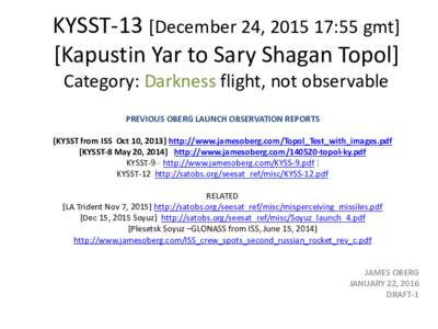 KYSST-13 [December 24, :55 gmt] [Kapustin Yar to Sary Shagan Topol] Category: Darkness flight, not observable PREVIOUS OBERG LAUNCH OBSERVATION REPORTS [KYSST from ISS Oct 10, 2013] http://www.jamesoberg.com/Topol