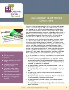 Legislation on Sport-Related Concussions Efforts to create national guidelines for the prevention and management of concussions began in 2008, and in 2009 the U.S. Congress held hearings on the way concussions among prof