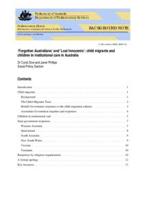 Adoption in Australia / Forgotten Australians / Oceania / Margaret Humphreys / Home Children / Child migration / Stolen Generations / Foster care / Immigration to Australia / Child welfare / Australia / Childhood